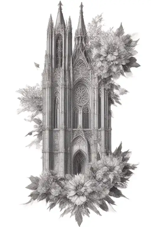 Gothic cathedral, cross tattoo, with cyber sigilism  tattoo design idea