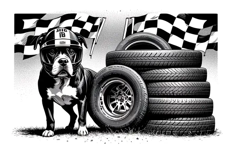 A pit bull wearing a racing helmet, standing next to a stack of tires with racing flags in the background tattoo design idea