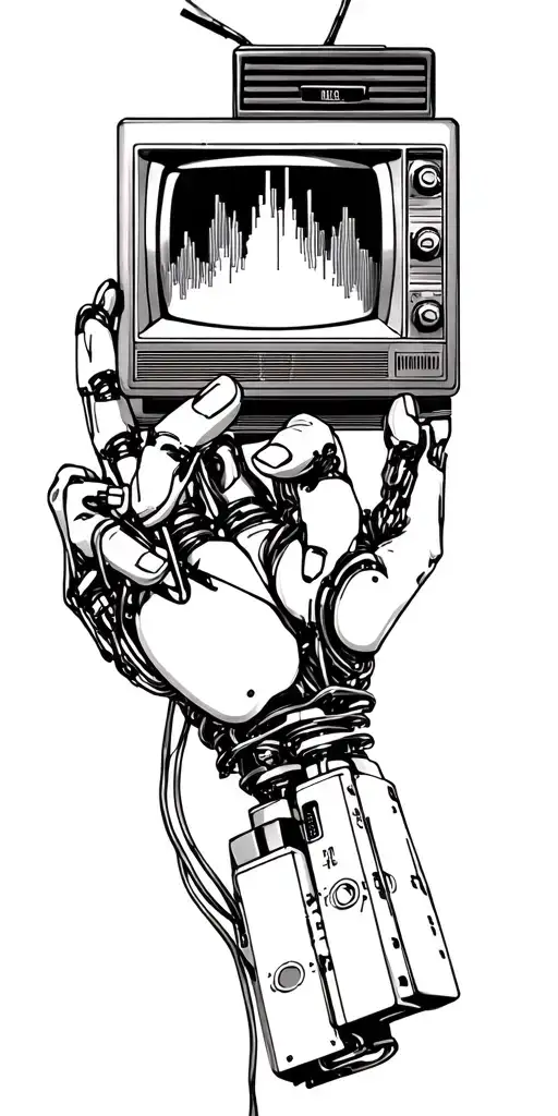 A robotic hand holding a vintage television set, with static on the screen and wires connecting to the fingers tattoo design idea