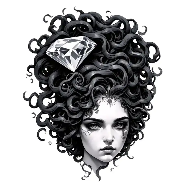 Beautiful medusa with one large princess cut diamond tattoo design idea