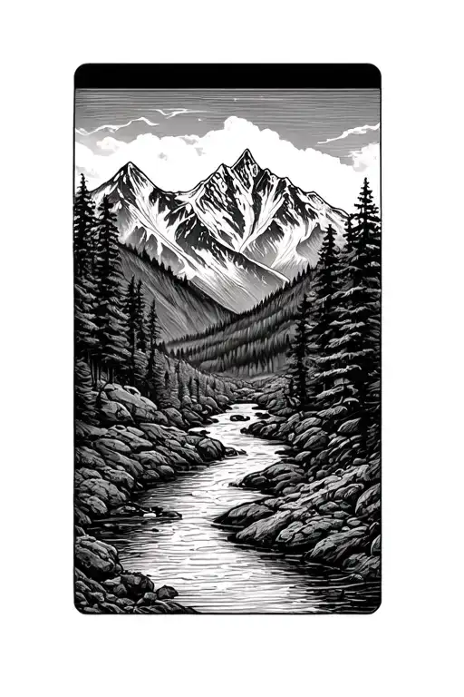 mountain scene with a river flowing tattoo design idea