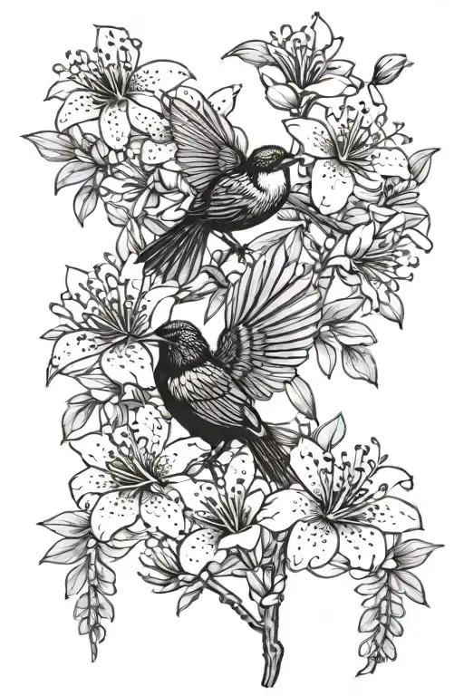 Pōhutukawa flowers, mount cook lillies, tui, fantail femmine fine lines tattoo design idea