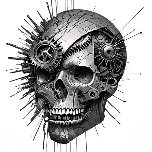 Biomechanics, metal parts, gears, pipes, wires, torn skin effect, 3D illusion, realism, black and gray color scheme. tattoo design idea