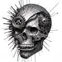 Biomechanics, metal parts, gears, pipes, wires, torn skin effect, 3D illusion, realism, black and gray color scheme. tattoo design idea