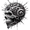 Biomechanics, metal parts, gears, pipes, wires, torn skin effect, 3D illusion, realism, black and gray color scheme. tattoo design idea