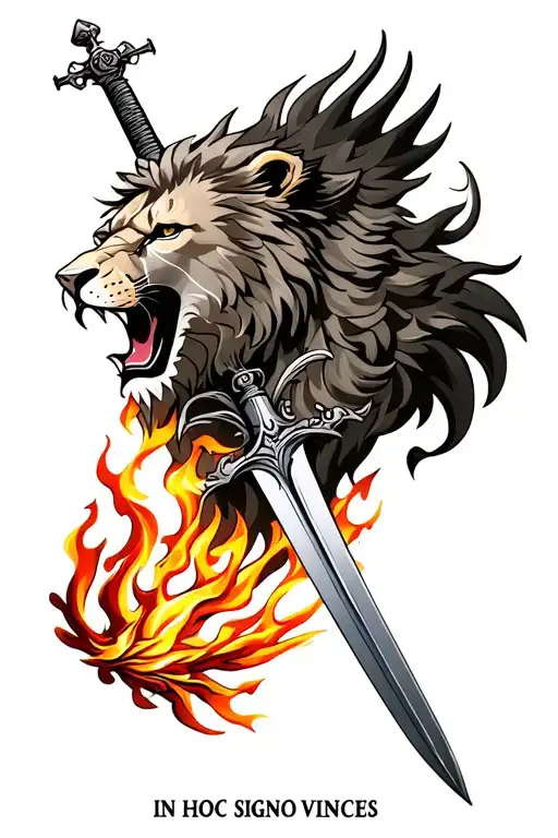 "IN HOC SIGNO VINCES" Lion roaring head, sword, Phoenix rising from flames chi-rho tattoo design idea
