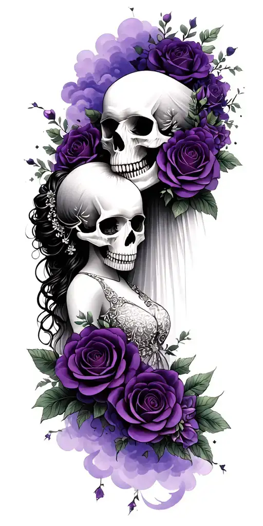 A bride and groom skulls with a backdrop of dark purple roses and purple clouds surrounding the tattoo tattoo design idea