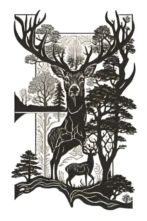 cross with trees and deer tattoo design idea