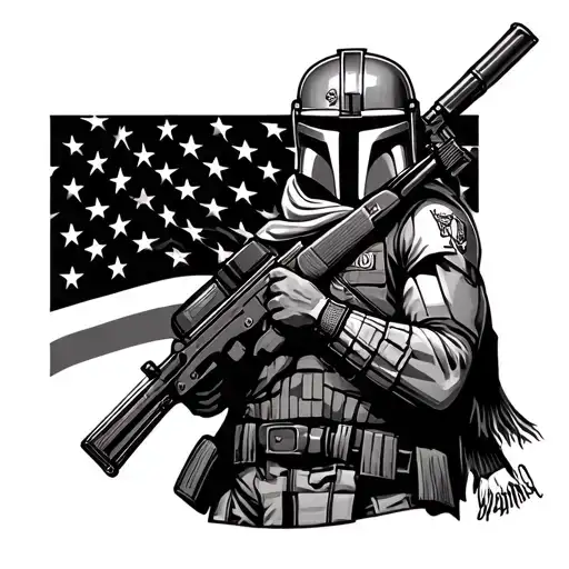 mandalorian with marine corps emblem and American flag scarf holding Rifle tattoo design idea
