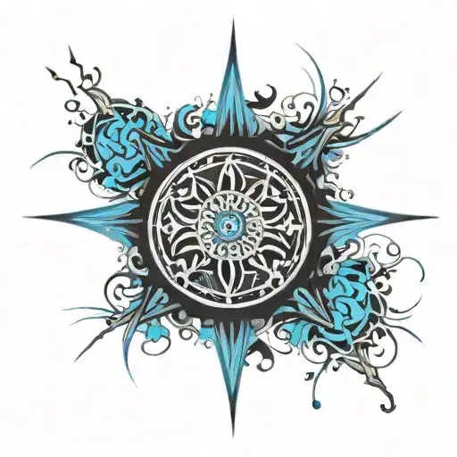 Wheel of DHARMA (BUDDHISM) black with blue, abstract, current, cybernetic, tattoo design idea