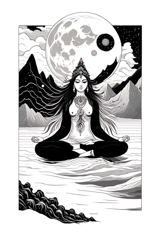 cosmic goddess meditating surrounded by mountains and oceans, with a starry sky and full moon above her  tattoo design idea