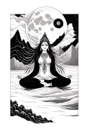 cosmic goddess meditating surrounded by mountains and oceans, with a starry sky and full moon above her  tattoo design idea