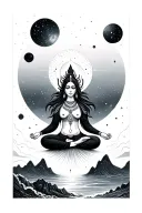 cosmic goddess meditating surrounded by mountains and oceans, with a starry sky and full moon above her  tattoo design idea