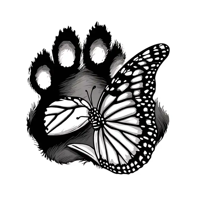 monarch butterfly resting on dog paw print tattoo design idea