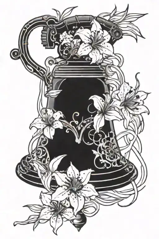 A motorcycle protection bell surrounded by red spider lily flowers. tattoo design idea