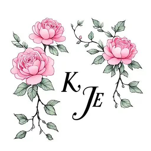 Sakura flowers, roses, and peonies with some vines with small leaves and a tiny initial of a cursive K,J, and E  tattoo design idea