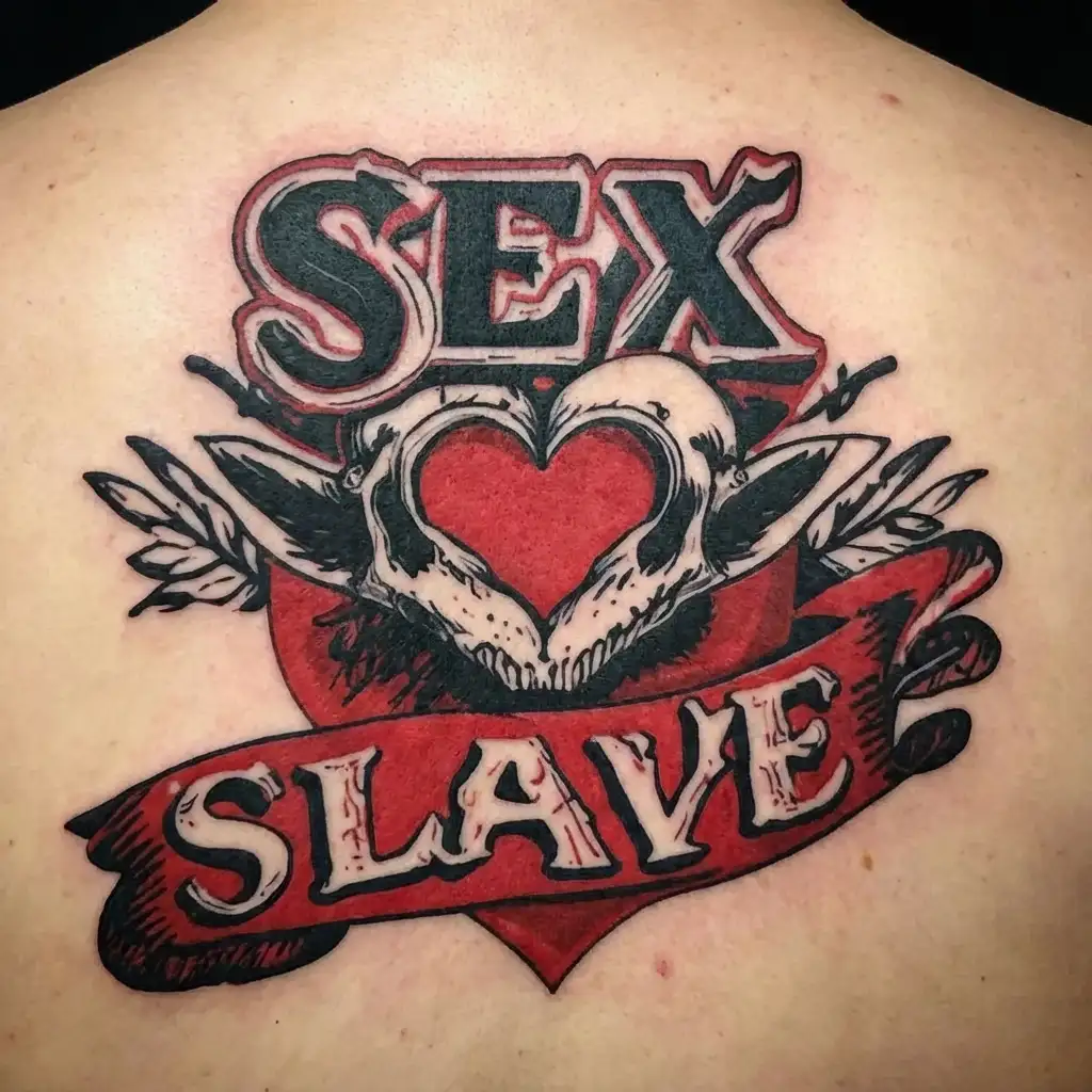 A ♡ mark on the background of the words "Sex slave" tattoo design idea