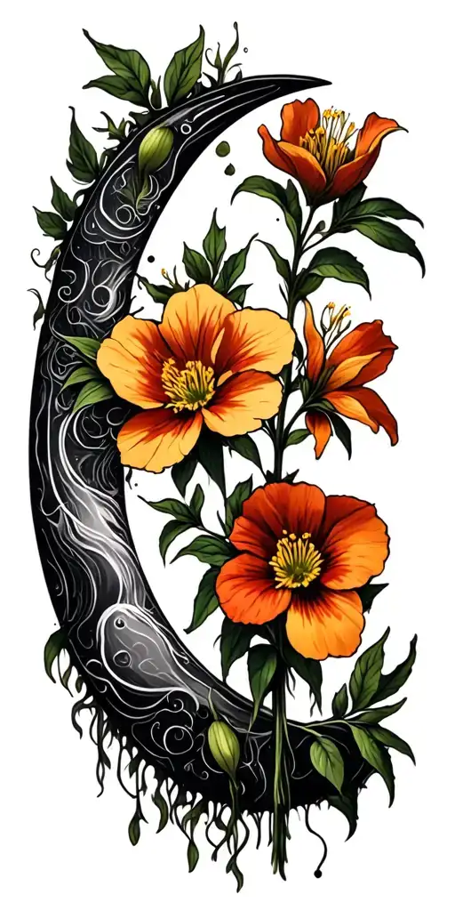evening primrose, and balsam in the shape of a crescent moon tattoo design idea