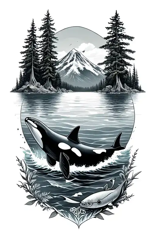 Pacific Northwest, boat, ocean, mountain, orca, salmon, seaweed, anchor, nautical, trees tattoo design idea