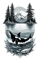 Pacific Northwest, boat, ocean, mountain, orca, salmon, seaweed, anchor, nautical, trees tattoo design idea