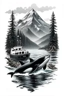 Pacific Northwest, boat, ocean, mountain, orca, salmon, seaweed, anchor, nautical, trees tattoo design idea