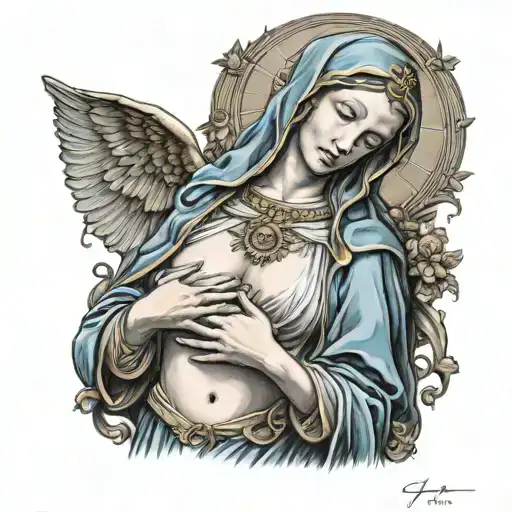 Virgin Mary, handbra, holding breasts, big boobs, open body, nsfw tattoo design idea