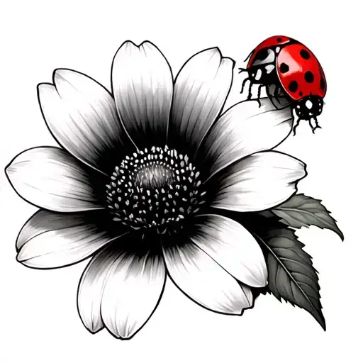 black and white flower with red ladybug tattoo design idea