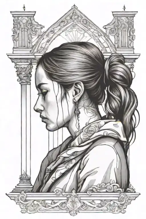 Church style tattoo. Young girl bowed her head, mantle on her head. Church painting in the background tattoo design idea