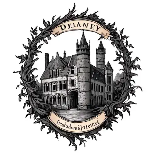 Posiedon with vines around it and english heritage landmarks, includes the names, Delaney, Tough, hadjeneketus tattoo design idea