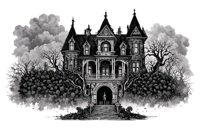 haunted mansion hedge rows expansive spooky misty cloudy tattoo design idea