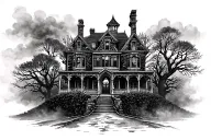 haunted mansion hedge rows expansive spooky misty cloudy tattoo design idea
