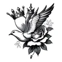 Galana, Rose wrapped, crown, dove flying tattoo design idea