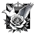 Galana, Rose wrapped, crown, dove flying tattoo design idea