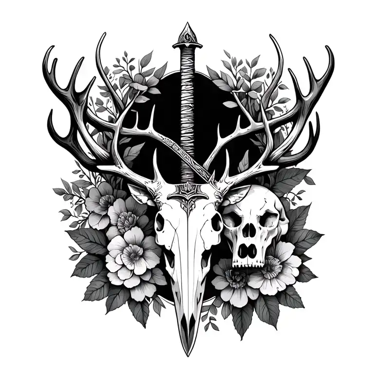 knights sword going through deer skull with flowers background tattoo design idea
