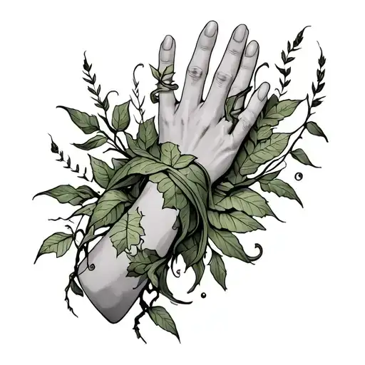 poison ivy vines wrapped around hand and arm with reed plants intertwined  tattoo design idea