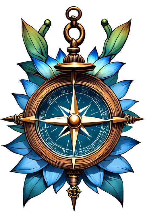 compass with anchor and blue lotus flower tattoo design idea
