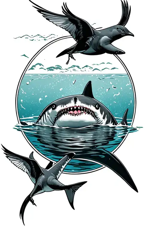 Birds guiding a shark swimming tattoo design idea