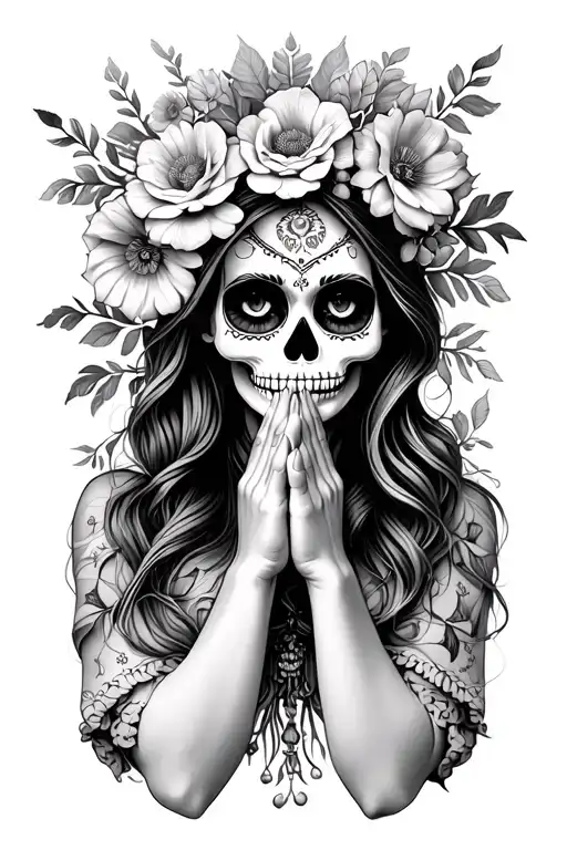 The Catrina praying hands holding flowers tattoo design idea