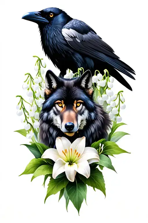 Raven and a wolf surrounded by lily of the valley flower tattoo design idea