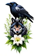 Raven and a wolf surrounded by lily of the valley flower tattoo design idea