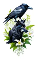 Raven and a wolf surrounded by lily of the valley flower tattoo design idea
