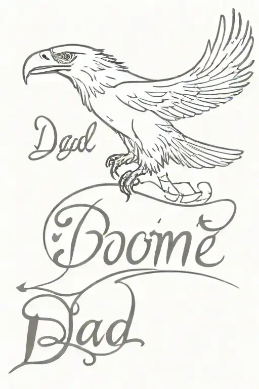 One-line drawing of an eagle next to the word dad, the infinity sign with the word mom next to a hummingbird tattoo design idea