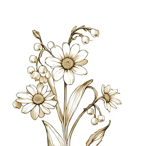 lily of the valley, forget me not, daisy fine line sepia, pops of color, cascade of flowers tattoo design idea