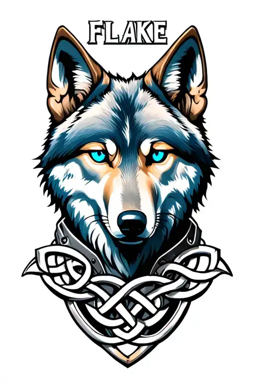 "FLAKE" wolf with blue eyes on armor tattoo design featuring Celtic trinity knot  tattoo design idea