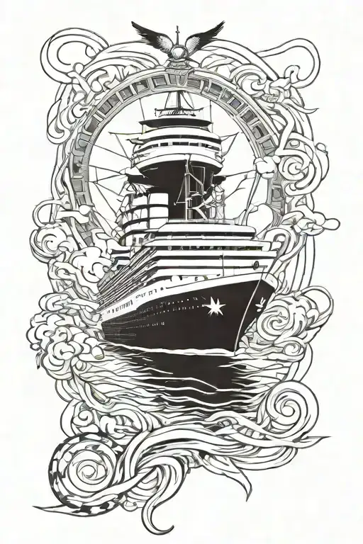 cruise ship viewd from the front, surrounded by still water and with more details on the upper part like some lines goin tattoo design idea