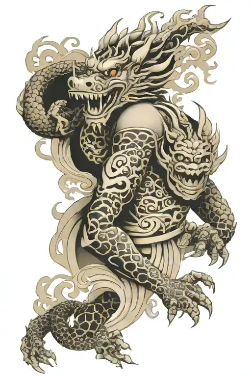 b&w sleeve with ornament on elbow, dragon around and hanya mask on bicep, background japanese smoke tattoo design idea