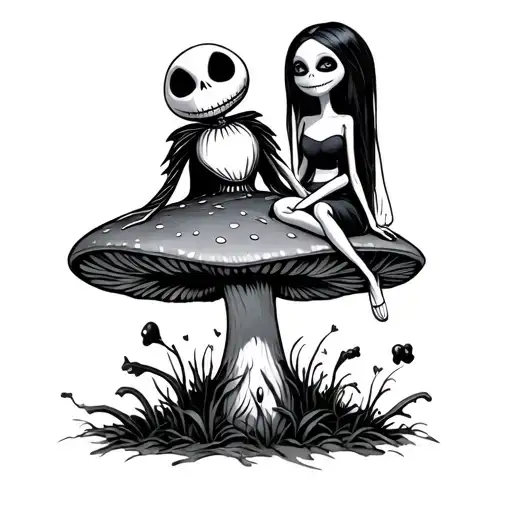 Jack Skellington and Sally sitting on a trippy mushroom tattoo design idea