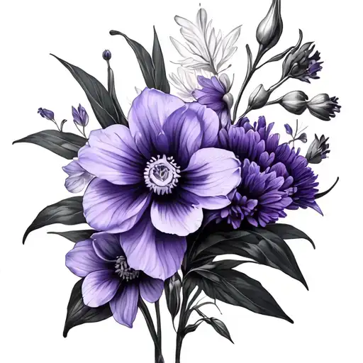 violet, dafodil, cosmo flowers tattoo design idea