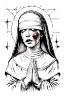 a full body image of a nun praying looking upward with blindfold, sewn mouth, and bleeding ears in black and white tatto tattoo design idea