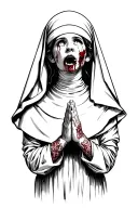 a full body image of a nun praying looking upward with blindfold, sewn mouth, and bleeding ears in black and white tatto tattoo design idea
